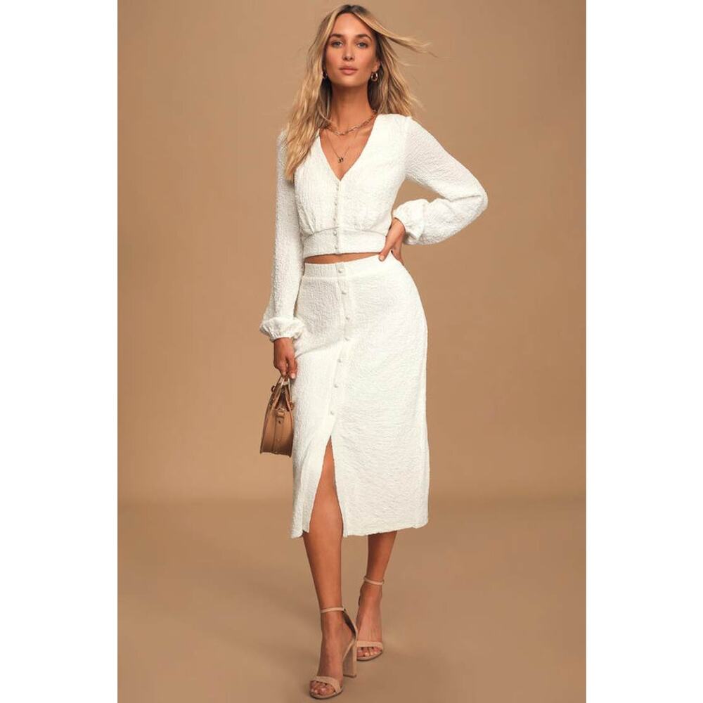 lulu's white rules of romance button front midi skirt & crop top set size large